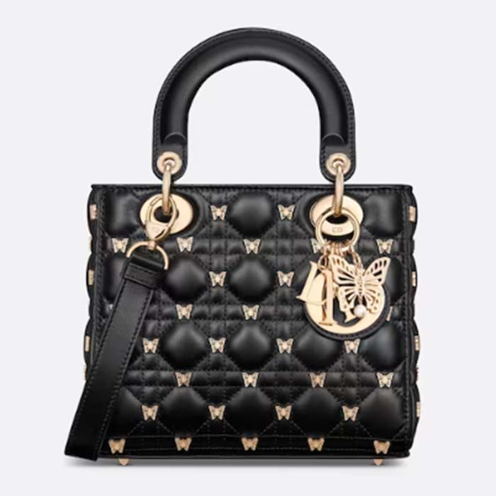 Dior Women CD Small Lady Dior Bag Black Cannage Lambskin Gold-Finish Butterfly Studs