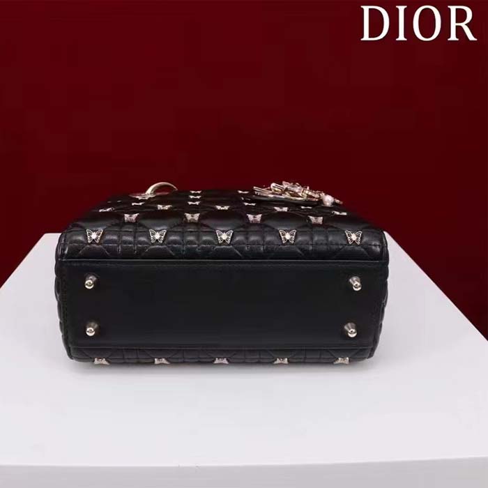Dior Women CD Small Lady Dior Bag Black Cannage Lambskin Gold-Finish Butterfly Studs (9)