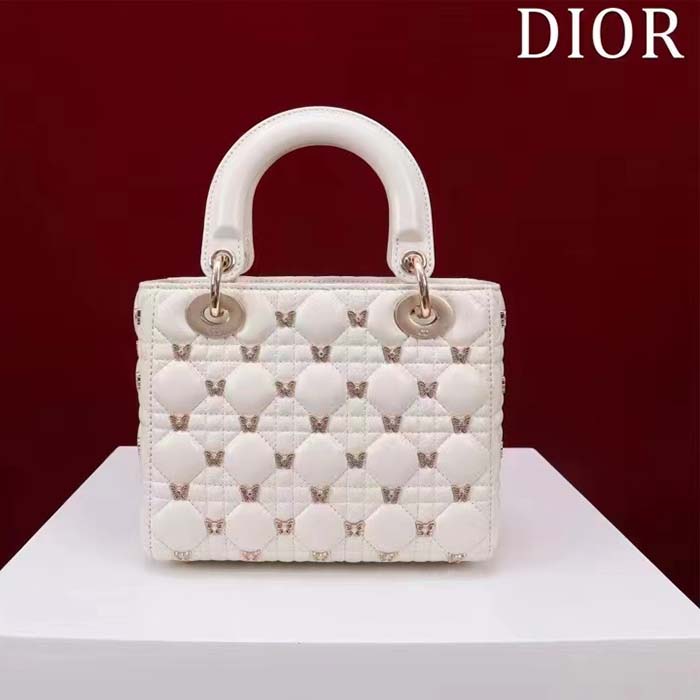 Dior Women CD Small Lady Dior Bag White Cannage Lambskin Gold-Finish Butterfly Studs (10)