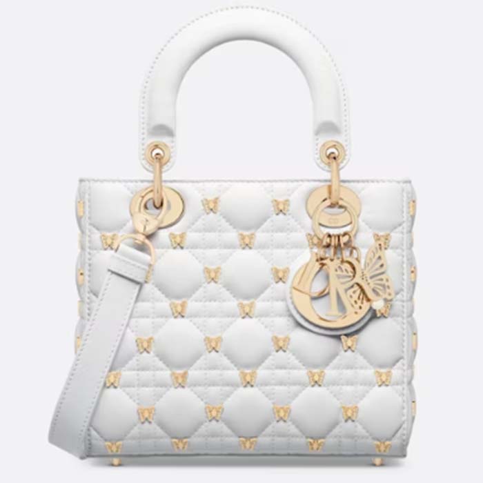 Dior Women CD Small Lady Dior Bag White Cannage Lambskin Gold-Finish Butterfly Studs
