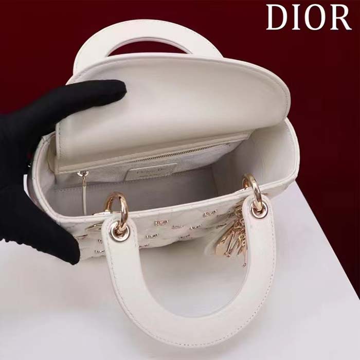 Dior Women CD Small Lady Dior Bag White Cannage Lambskin Gold-Finish Butterfly Studs (4)