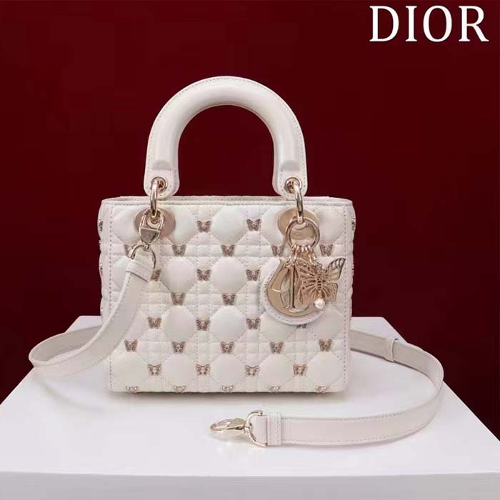 Dior Women CD Small Lady Dior Bag White Cannage Lambskin Gold-Finish Butterfly Studs (5)
