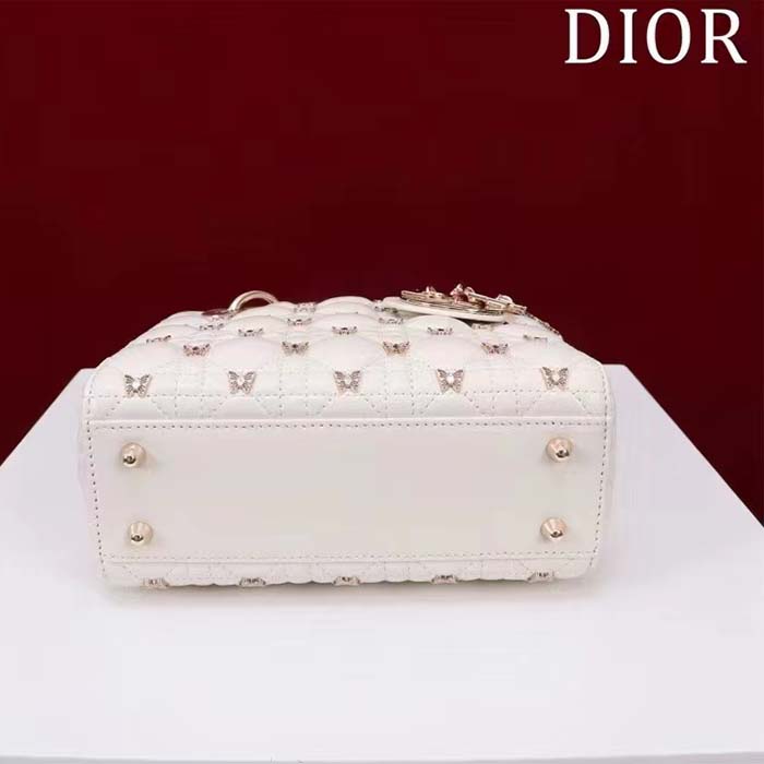 Dior Women CD Small Lady Dior Bag White Cannage Lambskin Gold-Finish Butterfly Studs (6)