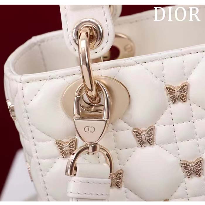 Dior Women CD Small Lady Dior Bag White Cannage Lambskin Gold-Finish Butterfly Studs (7)