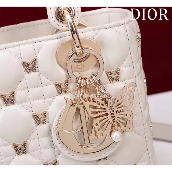 Dior Women CD Small Lady Dior Bag White Cannage Lambskin Gold-Finish Butterfly Studs (8)