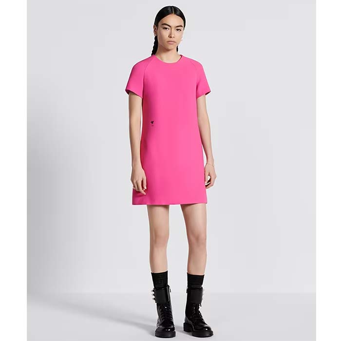 Dior Women CD Straight Dress Pink Wool Silk Back Zip Closure Side Welt Pockets (6)
