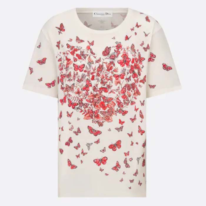 Dior Women CD T-Shirt White Cotton Jersey Red Le Cœur Des Papillons Motif