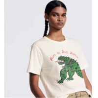 Dior Women CD T-Shirt White Cotton Linen Jersey Green Dragon Motif (15)