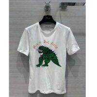 Dior Women CD T-Shirt White Cotton Linen Jersey Green Dragon Motif (15)