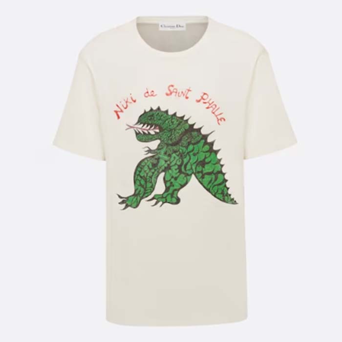 Dior Women CD T-Shirt White Cotton Linen Jersey Green Dragon Motif