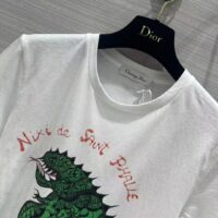 Dior Women CD T-Shirt White Cotton Linen Jersey Green Dragon Motif (15)