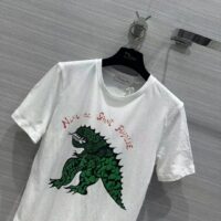 Dior Women CD T-Shirt White Cotton Linen Jersey Green Dragon Motif (15)
