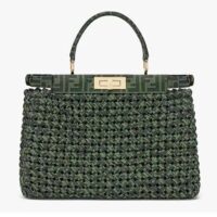 Fendi Women Peekaboo Iconic Medium Jacquard Fabric Interlace Bag-Dark Green (1)