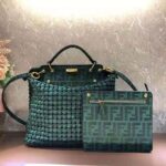 Fendi Women Peekaboo Iconic Medium Jacquard Fabric Interlace Bag-Dark Green - Image 2