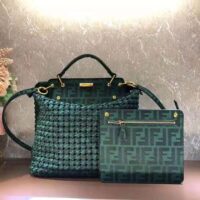 Fendi Women Peekaboo Iconic Medium Jacquard Fabric Interlace Bag-Dark Green (1)