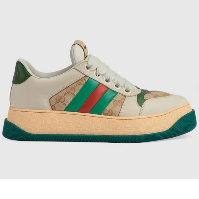 Gucci GG Unisex Screener Sneaker Web Beige Leather Bi-Color Flatform Rubber Low Heel