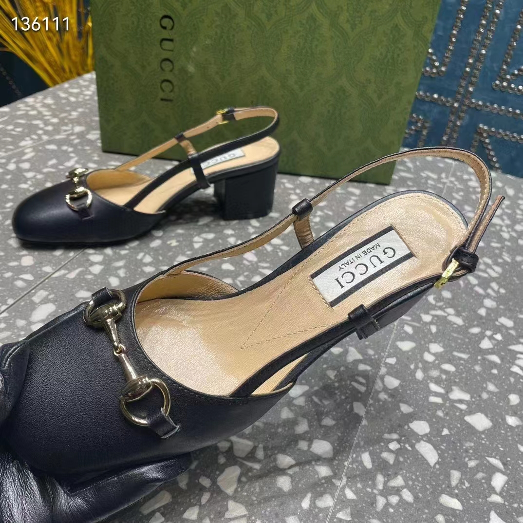 Gucci GG Women Horsebit Slingback Black Leather Sole Ankle Buckle Closure Mid-Heel Style ‎771601 C9D00 1000