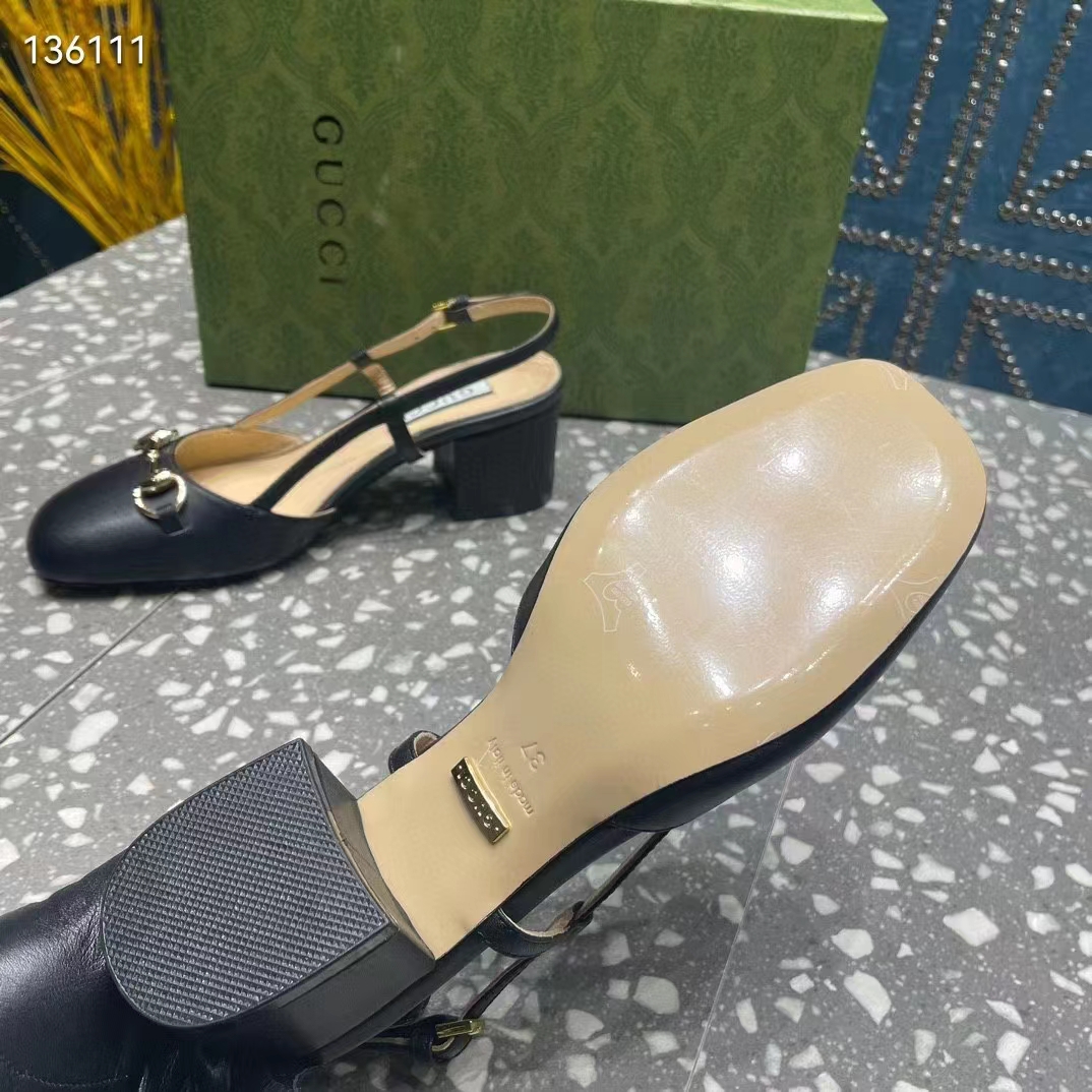 Gucci GG Women Horsebit Slingback Black Leather Sole Ankle Buckle Closure Mid-Heel Style ‎771601 C9D00 1000