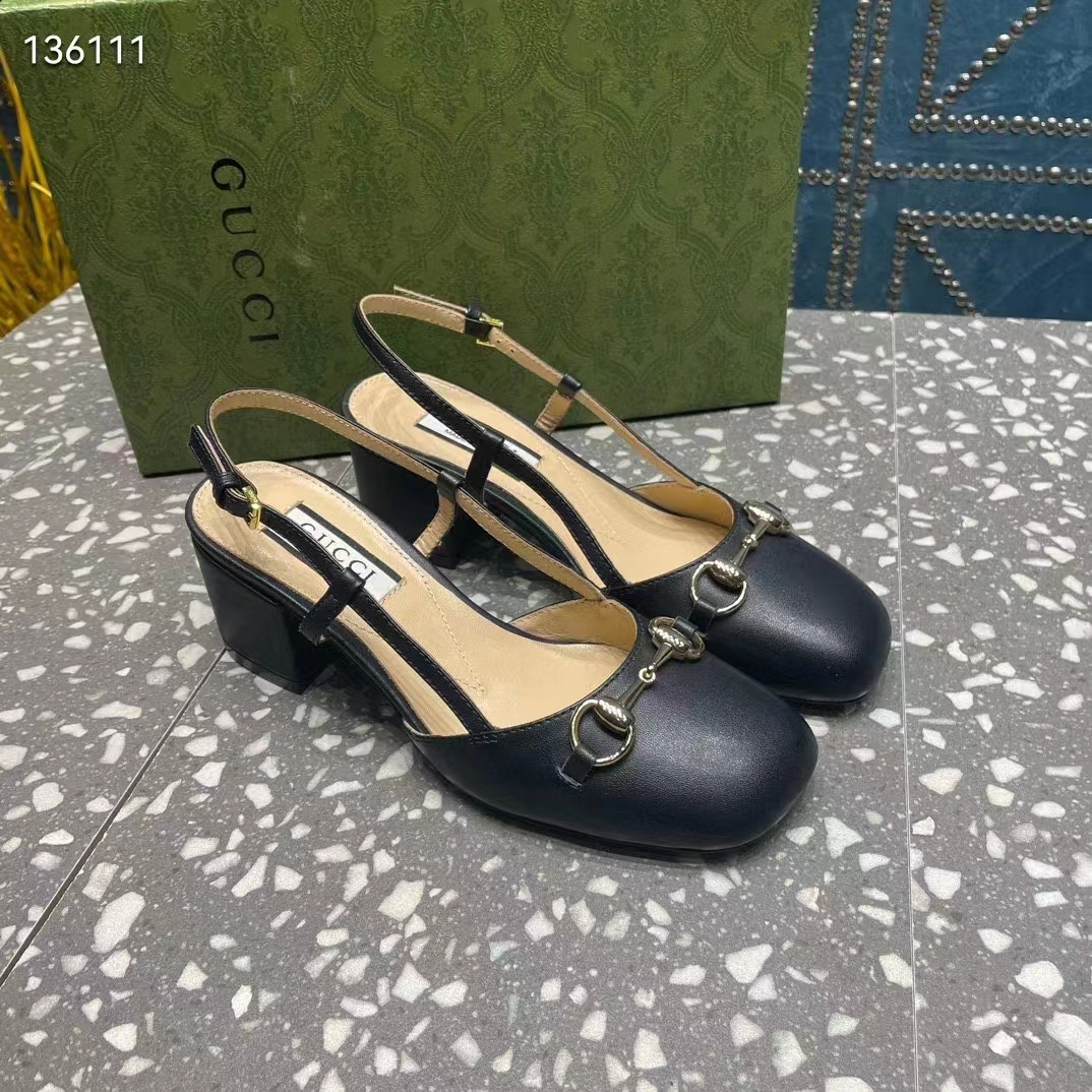 Gucci GG Women Horsebit Slingback Black Leather Sole Ankle Buckle Closure Mid-Heel Style ‎771601 C9D00 1000