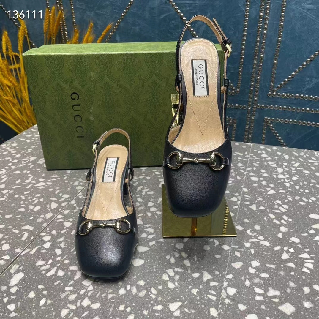 Gucci GG Women Horsebit Slingback Black Leather Sole Ankle Buckle Closure Mid-Heel Style ‎771601 C9D00 1000