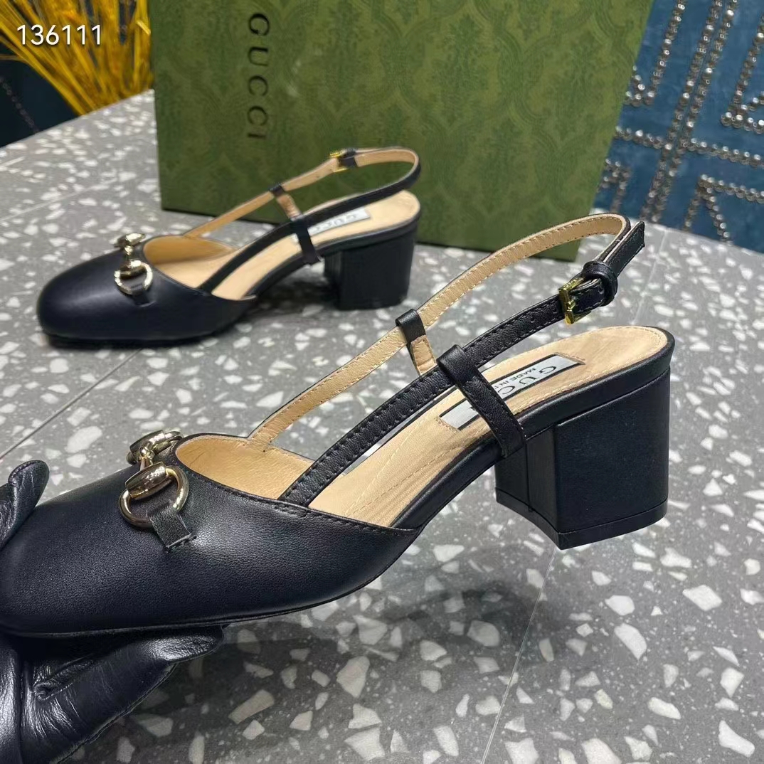 Gucci GG Women Horsebit Slingback Black Leather Sole Ankle Buckle Closure Mid-Heel Style ‎771601 C9D00 1000