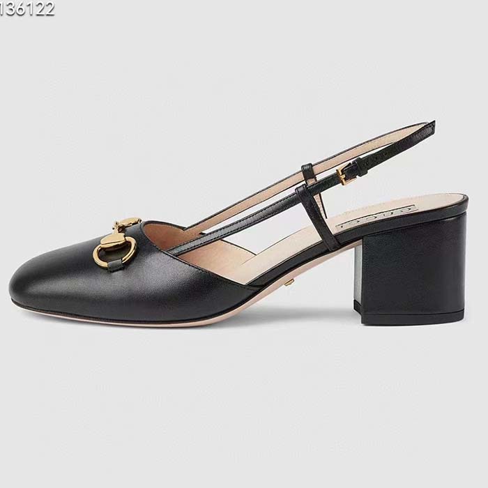 Gucci GG Women Horsebit Slingback Black Leather Sole Ankle Buckle Closure Mid-Heel Style ‎771601 C9D00 1000