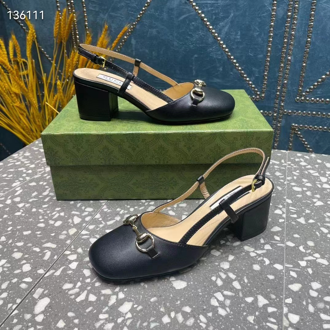 Gucci GG Women Horsebit Slingback Black Leather Sole Ankle Buckle Closure Mid-Heel Style ‎771601 C9D00 1000