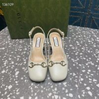 Gucci GG Women Horsebit Slingback White Leather Sole Ankle Buckle Closure Mid-Heel Style ‎771601 C9D00 9022 (8)