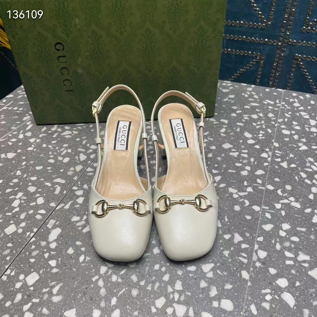 Gucci GG Women Horsebit Slingback White Leather Sole Ankle Buckle Closure Mid-Heel Style ‎771601 C9D00 9022 (1)
