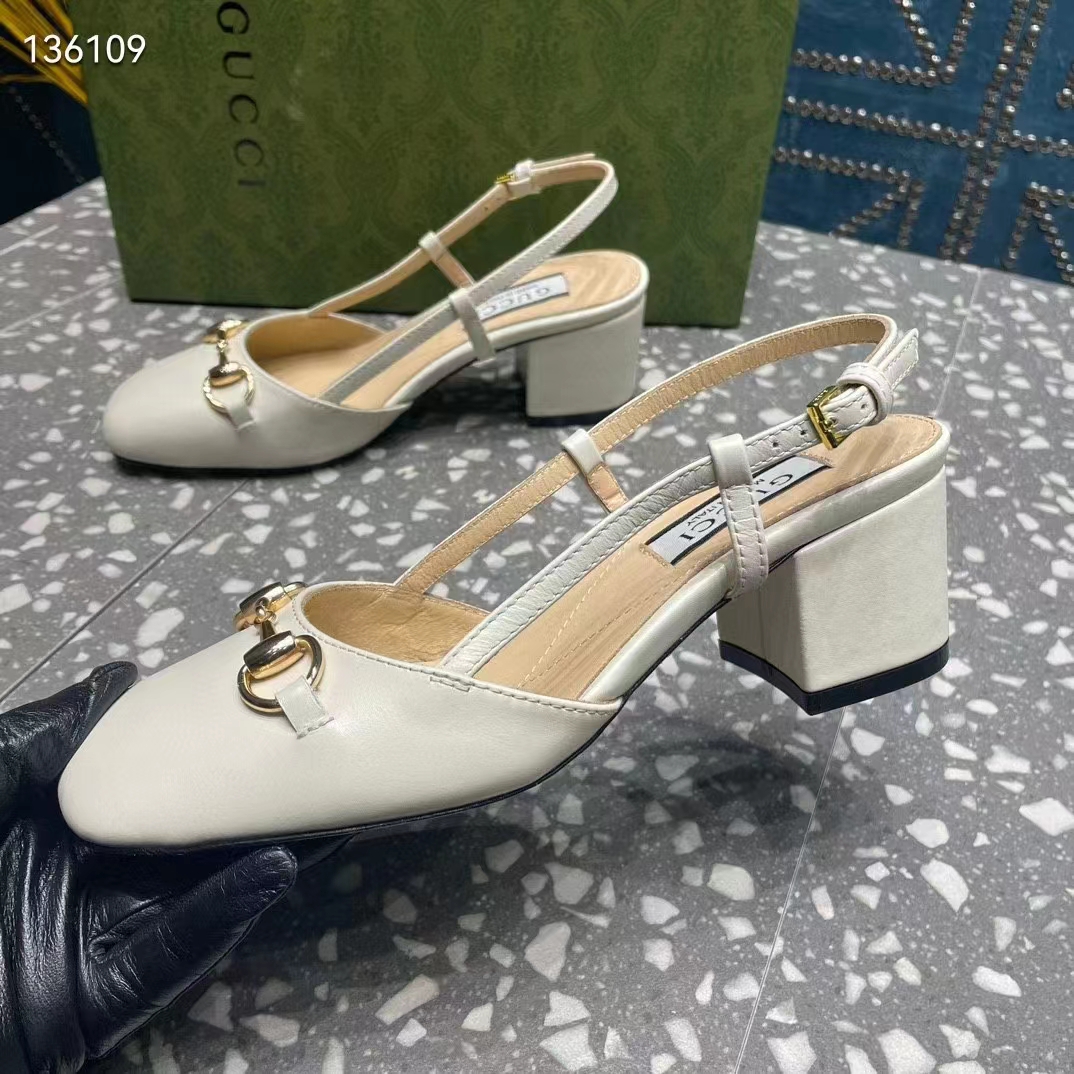 Gucci GG Women Horsebit Slingback White Leather Sole Ankle Buckle Closure Mid-Heel Style ‎771601 C9D00 9022 (10)