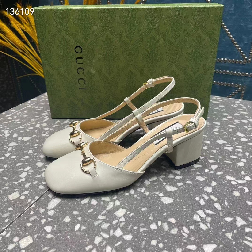 Gucci GG Women Horsebit Slingback White Leather Sole Ankle Buckle Closure Mid-Heel Style ‎771601 C9D00 9022 (2)