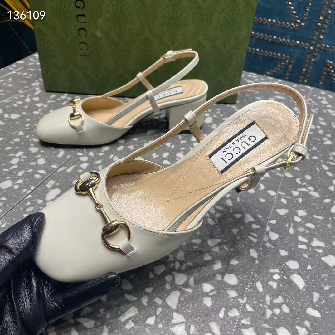 Gucci GG Women Horsebit Slingback White Leather Sole Ankle Buckle Closure Mid-Heel Style ‎771601 C9D00 9022 (3)