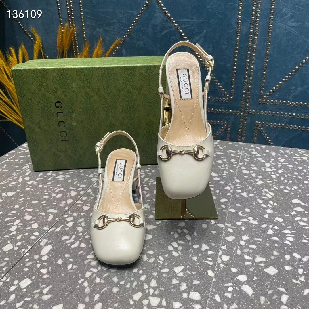 Gucci GG Women Horsebit Slingback White Leather Sole Ankle Buckle Closure Mid-Heel Style ‎771601 C9D00 9022 (7)