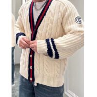 Gucci Men GG Cable Wool Knit Cardigan Web V-Neck Dropped Shoulder Two Front Pockets (7)