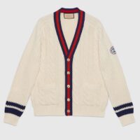 Gucci Men GG Cable Wool Knit Cardigan Web V-Neck Dropped Shoulder Two Front Pockets (7)