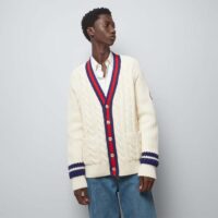 Gucci Men GG Cable Wool Knit Cardigan Web V-Neck Dropped Shoulder Two Front Pockets (7)