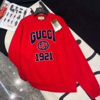 Gucci Men GG Cotton Jersey Sweatshirt 1921 Embroidery Red Crewneck Dropped Shoulder Style ‎768530 XJF3O 6429 (6)