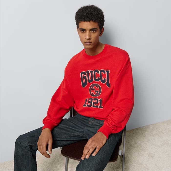 Gucci Men GG Cotton Jersey Sweatshirt 1921 Embroidery Red Crewneck Dropped Shoulder Style ‎768530 XJF3O 6429 (11)