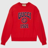 Gucci Men GG Cotton Jersey Sweatshirt 1921 Embroidery Red Crewneck Dropped Shoulder Style ‎768530 XJF3O 6429 (6)