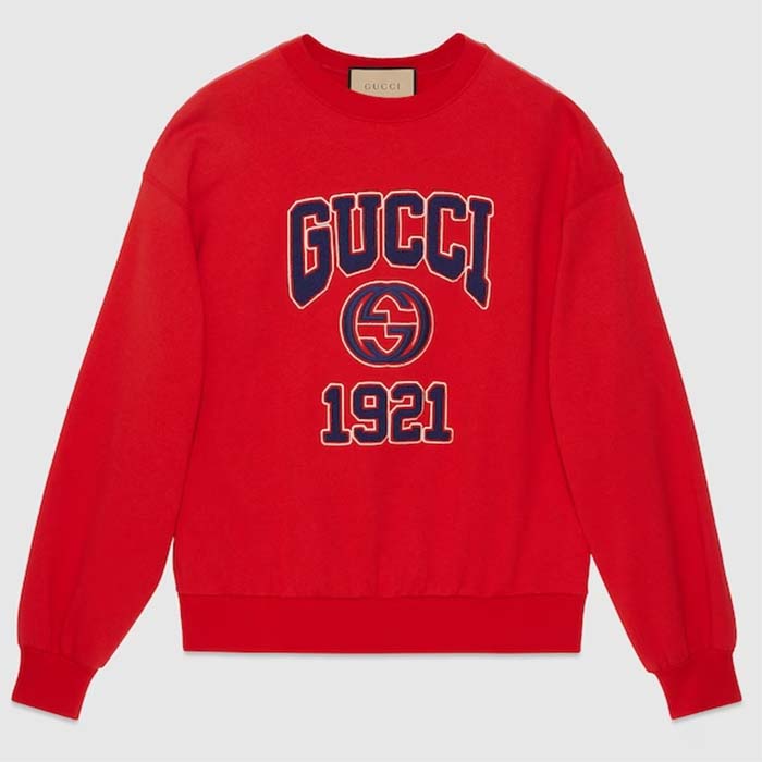 Gucci Men GG Cotton Jersey Sweatshirt 1921 Embroidery Red Crewneck Dropped Shoulder Style ‎768530 XJF3O 6429