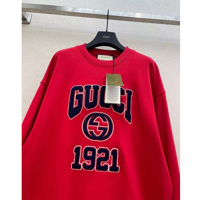 Gucci Men GG Cotton Jersey Sweatshirt 1921 Embroidery Red Crewneck Dropped Shoulder Style ‎768530 XJF3O 6429 (7)