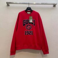 Gucci Men GG Cotton Jersey Sweatshirt 1921 Embroidery Red Crewneck Dropped Shoulder Style ‎768530 XJF3O 6429 (6)