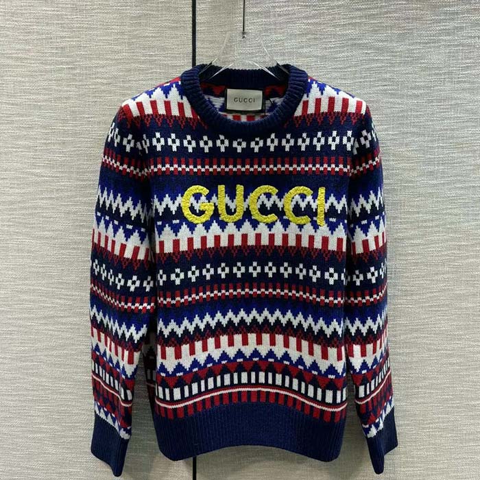 Gucci Men Knit Wool Sweater Gucci Embroidery Crewneck Dropped Shoulder Rib Style ‎763391 XKDOX 4216 (3)