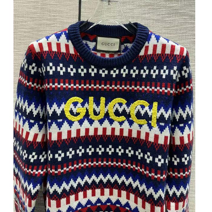 Gucci Men Knit Wool Sweater Gucci Embroidery Crewneck Dropped Shoulder Rib Style ‎763391 XKDOX 4216 (6)