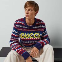 Gucci Men Knit Wool Sweater Gucci Embroidery Crewneck Dropped Shoulder Rib Style ‎763391 XKDOX 4216 (4)