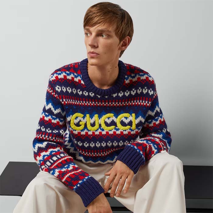 Gucci Men Knit Wool Sweater Gucci Embroidery Crewneck Dropped Shoulder Rib Style ‎763391 XKDOX 4216 (8)