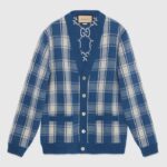 Cardigan réversible en laine à carreaux Gucci pour homme, col en V, épaules tombantes, bleu ivoire, maxi GG
