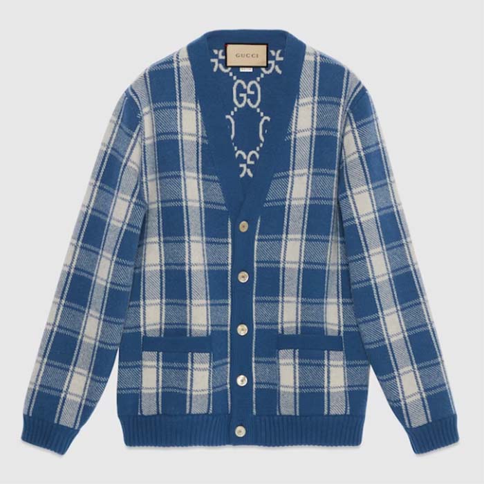 Gucci Men Reversible Checked Wool Cardigan V-Neck Dropped Shoulder Blue Ivory Maxi GG