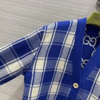 Gucci Men Reversible Checked Wool Cardigan V-Neck Dropped Shoulder Blue Ivory Maxi GG (1)