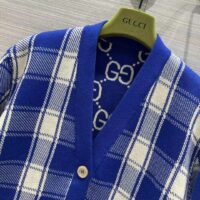 Gucci Men Reversible Checked Wool Cardigan V-Neck Dropped Shoulder Blue Ivory Maxi GG (1)